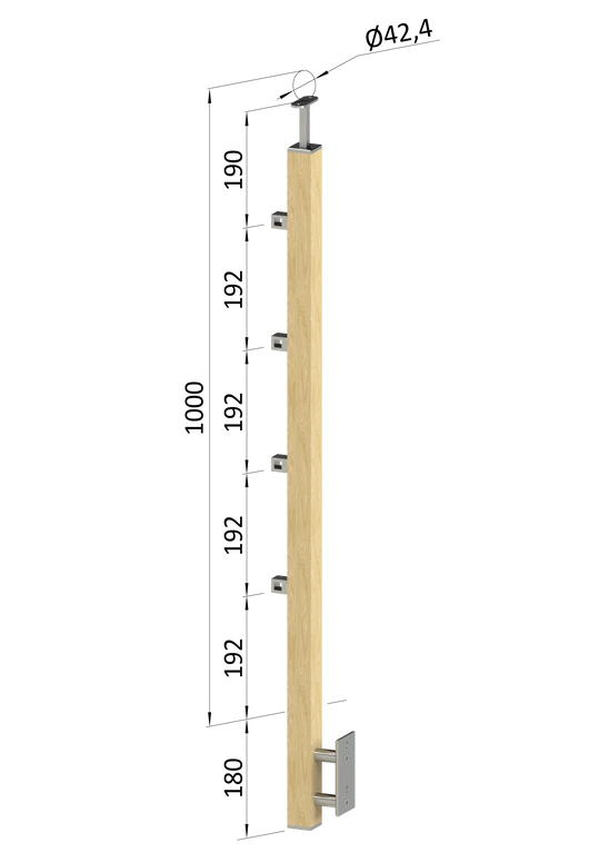 drevený stĺp, bočné kotvenie, 4 radový, priechodný, vonkajší, vrch pevný (40x40mm), materiál: buk, brúsený povrch s náterom BORI (bezfarebný)