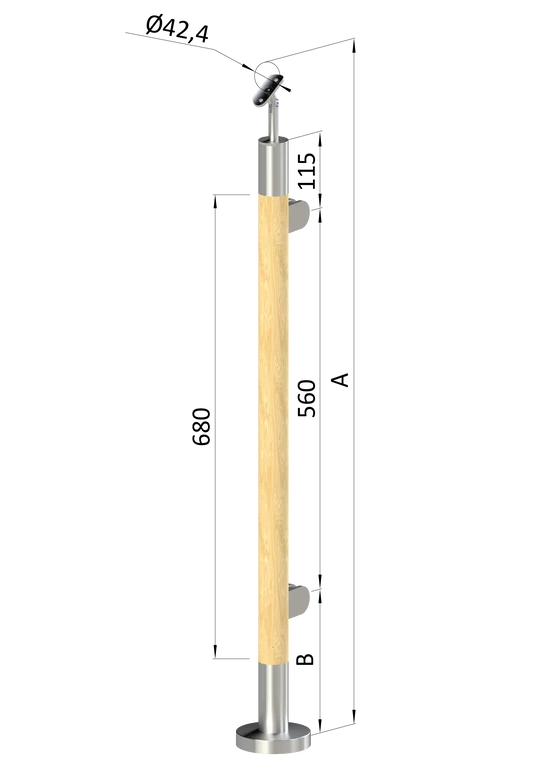 Dřevěný sloup, vrchní kotvení, výplň: sklo, pravý, vrch nastavitelný (ø42 mm), materiál: buk, broušený povrch bez nátěru