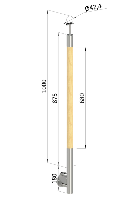dřevěný sloup, vrchní kotvení, bez výplně, vrch pevný (ø 42mm), materiál: buk, broušený povrch s nátěrem BORI (bezbarvý)