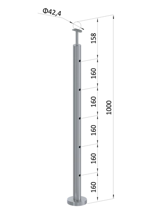 Nerezový sloup, vrchní kotvení, 5 děrový koncový, vrch pevný (ø42,4x2 mm), broušená nerez K320 / AISI316 - slide 0