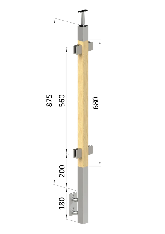 drevený stĺp, bočné kotvenie, výplň: sklo, priechodný, vrch pevný (40x40mm), materiál: buk, brúsený povrch s náterom BORI (bezfarebný)