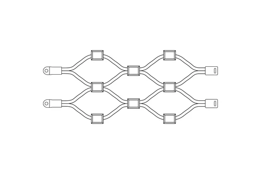 Vzorka nerezovej lankovej siete, 0,8m x 1m (šxd), oko 50x50 mm,hrúbka lanka 2mm,AISI316 s koncovkami EB2-LS2 (hore a dolú),EB2-UL02 (vľavo) a EB2-LPU02 (vpravo)