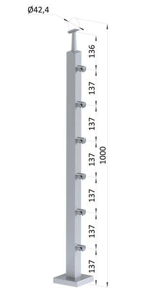 nerezový stĺp, vrchné kotvenie, 6 radový priechodný, vrch pevný (40x40mm), brúsená nerez K320 /AISI304 - slide 0