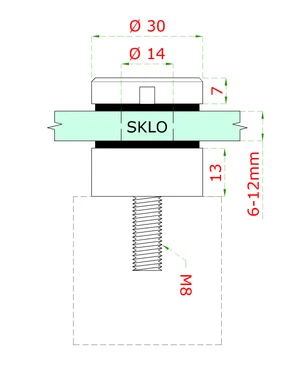 Svorka bodová na sklo 6-12 mm plochá (ø 30 mm / M8), broušená nerez K320 / AISI304, balení obsahuje gumičky na sklo - slide 1