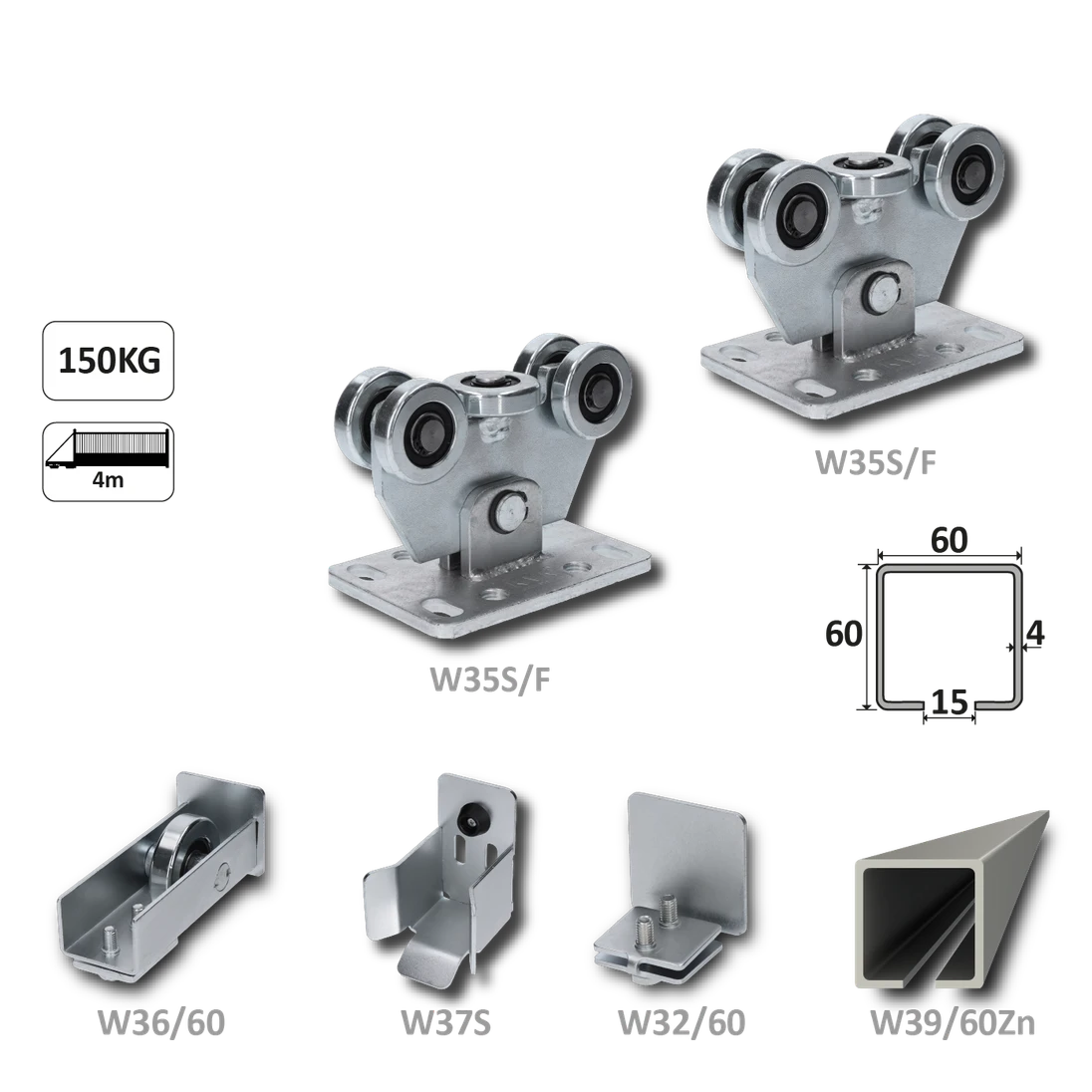 samonosný systém 60x60x4mm posuvnej brány do 150kg/4m otvor (W39/60Zn 6m pozinkovaný profil, 1x W-SET60F)