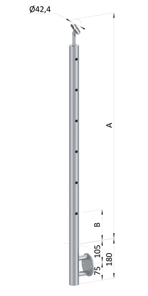 Nerezový sloup, boční kotvení, 6 děrový průchodný, vrch nastavitelný (ø 42,4x2 mm), broušená nerez K320 / AISI316 - slide 0