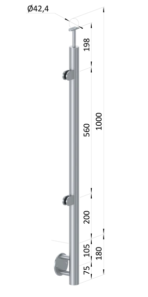 nerezový stĺp, bočné kotvenie, výplň: sklo, ľavý, vrch pevný (ø 42.4x2mm), brúsená nerez K320 /AISI316 - slide 0