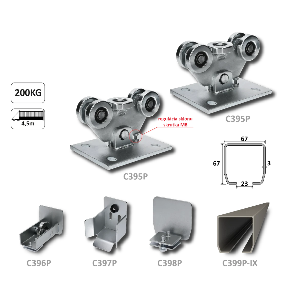 PICCOLO-Kombinovaný (Nerez/Pozink) samonosný systém  67x67x3mm pre posuvné brány do 200kg/4,5m otvor (C399P-IX 1x6m nerezový profil, C395P 2ks, C397P 1ks, C396P 1ks, C398P 1ks)