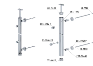 Nerezový sloup na francouzsky balkón, boční kotvení, 5 řadový pravý, vnější, vrch pevný, (ø 42.4x2 mm), broušená nerez K320 /AISI304 - slide 3