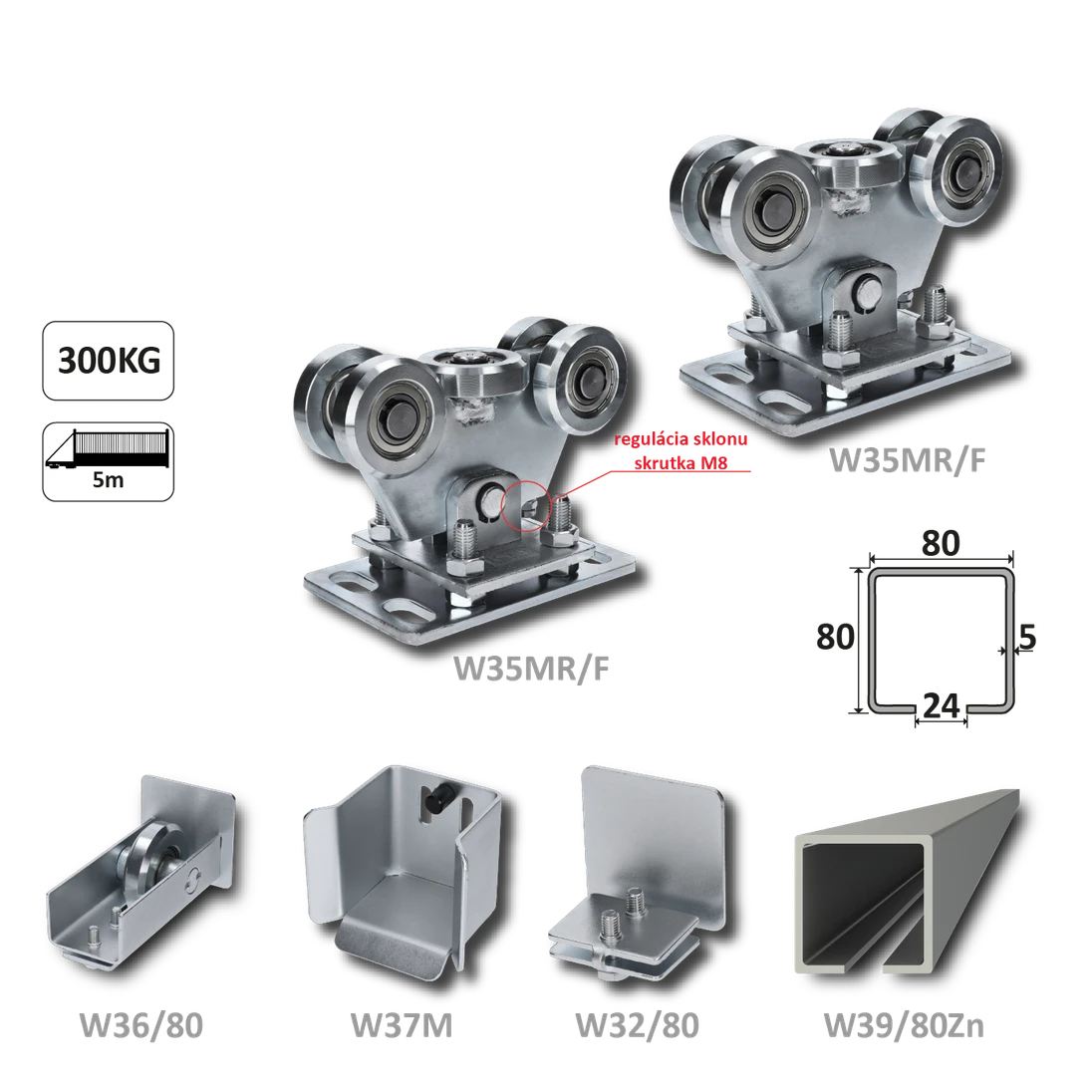 samonosný systém 80x80x5mm posuvnej brány do 300kg/5m otvor (W39/80Zn 6m pozinkovaný profil, 1x W-SET80/F)