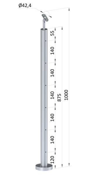 nerezový stĺp, vrchné kotvenie, 6 dierový na lanko, koncový, vrch nastaviteľný (ø 42.4x2mm), brúsená nerez K320 /AISI304 - slide 0