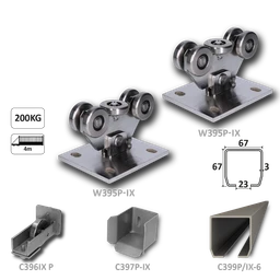 Nerezový samonosný systém 67x67x3 mm pro posuvné brány do 200 kg / 4 m průjezd (C399P-IX 1x6 m nerezový profil, W395P-IX 2 ks, C397P-IX 1 ks, C396P-IX 1 ks)