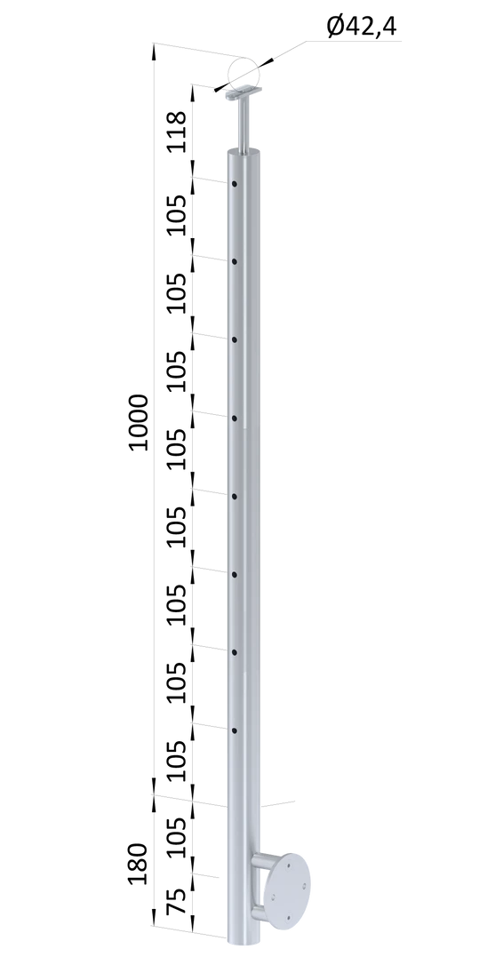 nerezový stĺp, bočné kotvenie, 8 dierový koncový na lanko, vrch pevný (ø 42.4x2mm), brúsená nerez K320 /AISI304