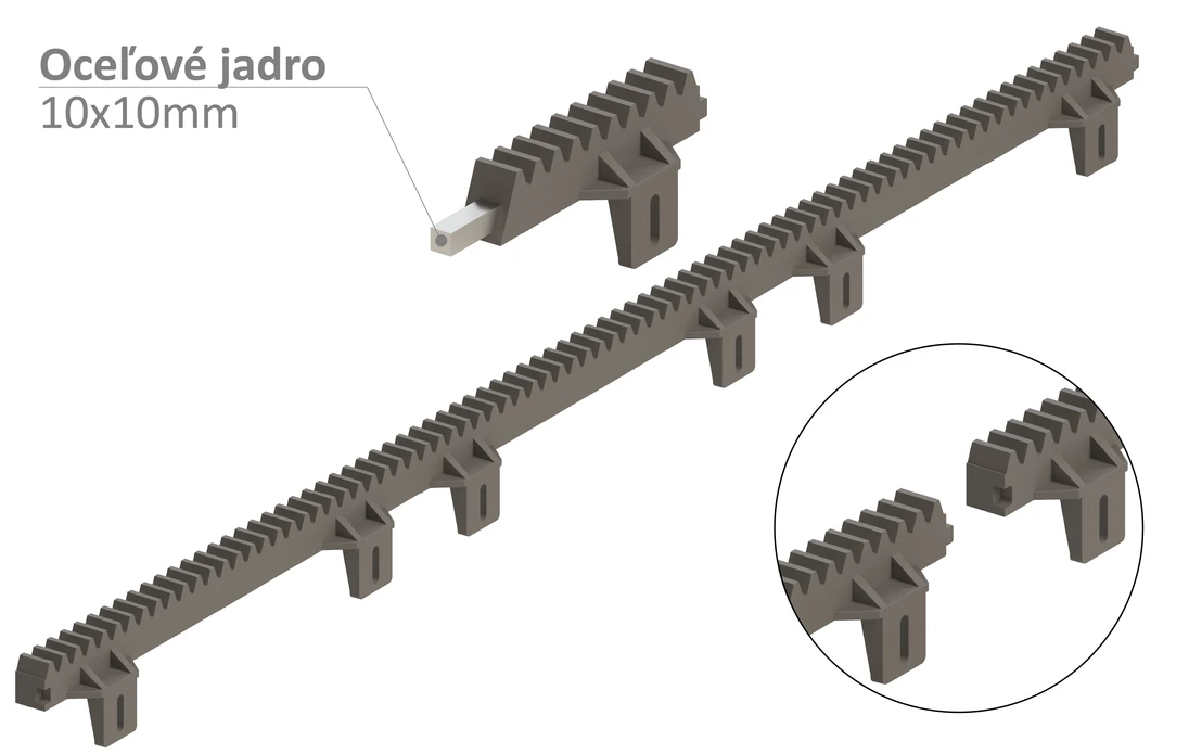 Hrebeň nylon-kov 27x18mm, L-1000mm, max do 600kg, 6x HORNÝ úchyt pre skrutku, kovové jadro 10x10mm