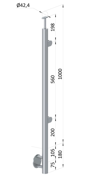 nerezový stĺp, bočné kotvenie, výplň: sklo, pravý, vrch pevný (ø 42.4x2mm), brúsená nerez K320 /AISI316 - slide 0