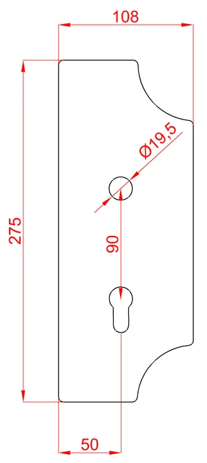 DOPREDAJ! Štít 275x108x3mm s otvormi, rozteč 90mm, otvor pre kľučku ø 19,5mm, pravý, pre zámok ZM90/80 - slide 1