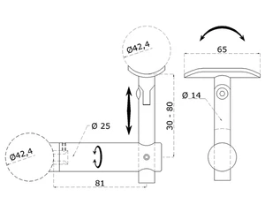 držiak madla s kĺbom, uchytenie na trubku ø 42.4mm/madlo ø 42.4mm, brúsená nerez K320 /AISI304 - slide 1