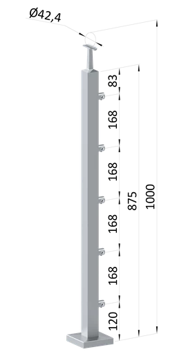 Nerezový sloup, vrchní kotvení, 5 řadový průchozí, vrch pevný (40x40mm), broušená nerez K320 /AISI304