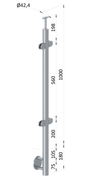 nerezový stĺp, bočné kotvenie, výplň: sklo, priechodný, vrch pevný (ø 42.4x2mm), brúsená nerez K320 /AISI316 - slide 0