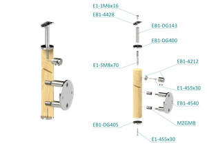 drevený stĺp, bočné kotvenie, 4 radový, priechodný, vnútorný, vrch pevný (ø 42mm), materiál: buk, brúsený povrch s náterom BORI (bezfarebný) - slide 2