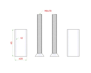 Prechod na vymedzenie vzdialenosti medzi stĺpom (plochý) a kotviacou platňou, ø 20x2.0mm /L:45mm, vnút. skrutka: M8x70mm, brúsená nerez K320 /AISI304, bal: 2ks - slide 1