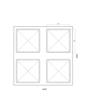 Plech pozinkovaný 2000x1000x1,2 mm, lisovaný vzor ČTVEREC 95x95 mm, 3D efekt. Skutečný rozměr +/- 0,5% - slide 1