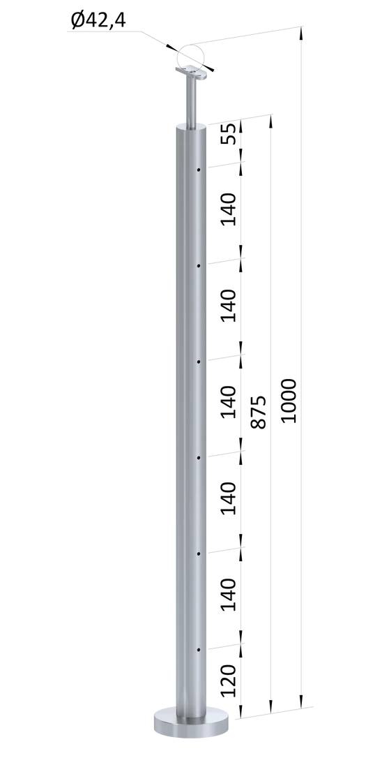 nerezový stĺp, vrchné kotvenie, 6 dierový na lanko, koncový, vrch pevný (ø 42.4x2mm), brúsená nerez K320 /AISI304