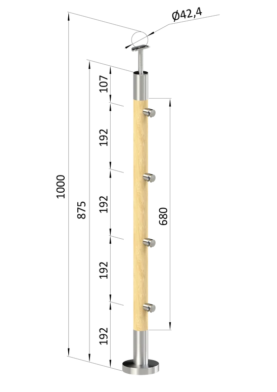 dřevěný sloup, vrchní kotvení, 4 řadový, průchozí, vrch pevný (ø 42mm), materiál: buk, broušený povrch s nátěrem BORI (bezbarvý)