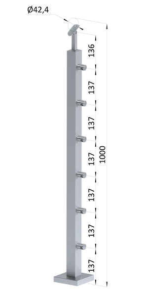 nerezový stĺp, vrchné kotvenie, 6 radový priechodný, vrch nastaviteľný (40x40 mm), brúsená nerez K320 /AISI304 - slide 0