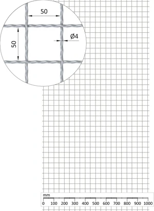 Žebírkové pletené síto - rovné, oko: 50x50mm, průměr pletiva ø4mm, rozměr 1000x2000mm, materiál: Nerez /AISI 304 - slide 0