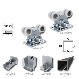 Samonosný systém 80x80x5 mm pro posuvné brány do 300 kg / 5 m průjezd (W39/80Fe 6 m černý profil, 2x W35MR/N, 1x W36/80, 1x W37M, 1x W32/80)