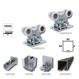 samonosný systém 80x80x5mm posuvnej brány do 300kg/5m otvor (W39/80Fe 6m čierny profil, 2x W35MR/N, 1x W36/80, 1x W37M, 1x W32/80)