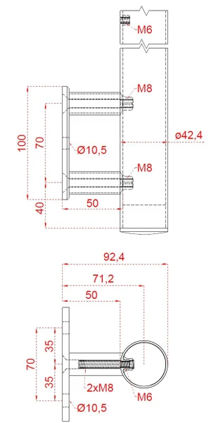 Nerezový sloup, boční kotvení, bez výplně, 4 řadový se závitem M6, vnitřní, vrch nastavitelný, (ø 42.4x2mm), broušená nerez K320 /AISI304 - slide 3