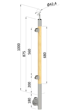 Dřevěný sloup, boční kotvení, výplň: sklo, levý, vrch nastavitelný (ø42 mm), materiál: buk, broušený povrch s nátěrem BORI (bezbarvý)