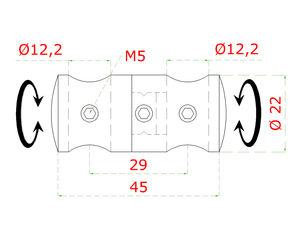 Držák tyčí ø 12/12 mm přechodný-otočný (45x22 mm), broušená nerez K320 / AISI304 - slide 1