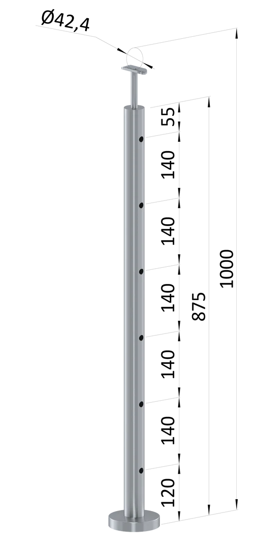 nerezový sloup, vrchní kotvení, 6 děrový průchozí, vrch pevný (ø 42.4x2mm), broušená nerez K320 /AISI304