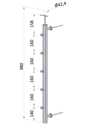 nerezový stĺp na francúzsky balkón, bočné kotvenie, 5 radový pravý, vrch pevný, (ø 42.4x2mm), brúsená nerez K320 /AISI304 - slide 0