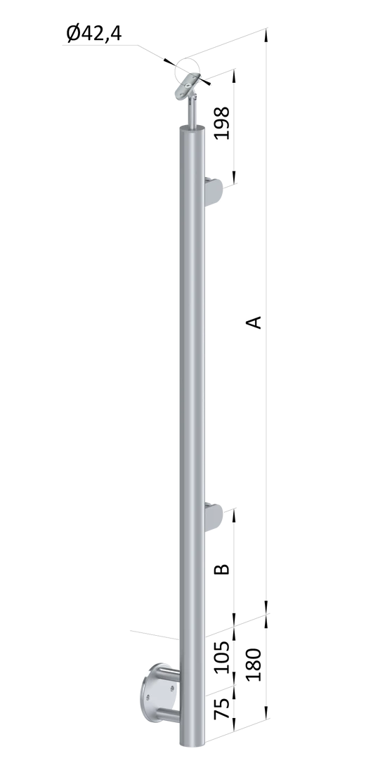 nerezový stĺp, bočné kotvenie, výplň: sklo, pravý, vrch nastaviteľný (ø 42.4x2mm), brúsená nerez K320 /AISI316