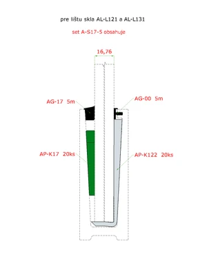 5m set pro 16,76 mm sklo, k hliníkovým profilům AL-L121, AL-L131, AL-L141 a AL-L151. Obsahuje: těsnění AG-00 5 m, AG-17 5 m, podložky AP-K122 10 ks, klíny AP-K17 10 ks - slide 1
