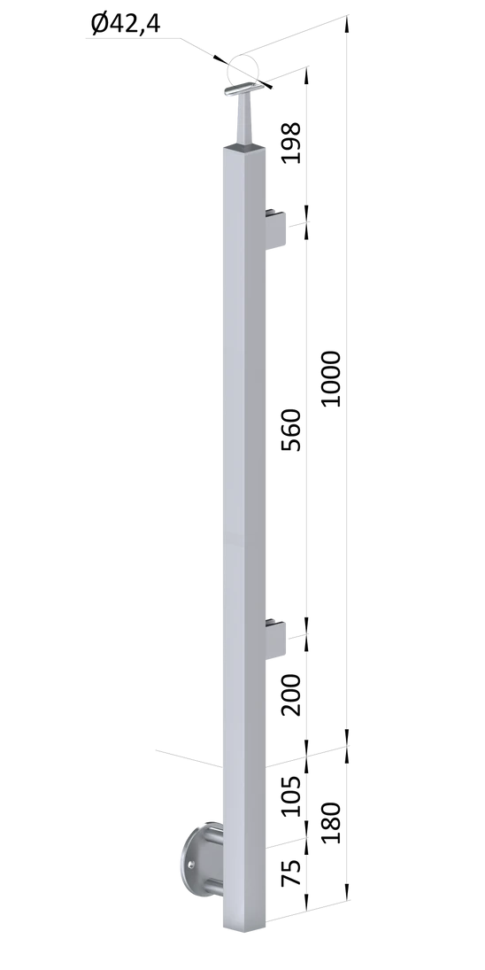 nerezový stĺp, bočné kotvenie, výplň: sklo, pravý, vrch pevný (40x40mm), brúsená nerez K320 /AISI304