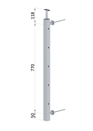 Nerezový sloup na francouzský balkón, boční kotvení, 5 dírový, pravý, vrch pevný, (40x40x2.0 mm), broušená nerez K320 /AISI304 - slide 1
