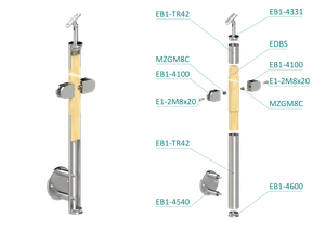 dřevěný sloup, boční kotvení, výplň: sklo, průchozí, vrch nastavitelný (ø 42mm), materiál: buk, broušený povrch bez nátěru - slide 1