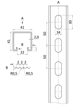 Dierovaný montážny C profil, 41x41x2, L-3m, pozinkovaný - slide 1