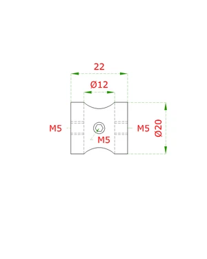 Držák tyče ø 12 mm, plochý (20x22 mm), oboustranný závit M5, broušená nerez K320 / AISI304 - slide 1