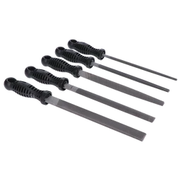 5 dílná sada dielenských pilníků délka 200mm, sek 2, obsahuje: úsečkový, kruhový, tříhranný, čtyřhranný, plochý
