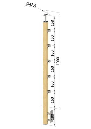 drevený stĺp, bočné kotvenie, 5 radový, priechodný, vnútorný, vrch pevný (40x40mm), materiál: buk, brúsený povrch bez náteru - slide 0