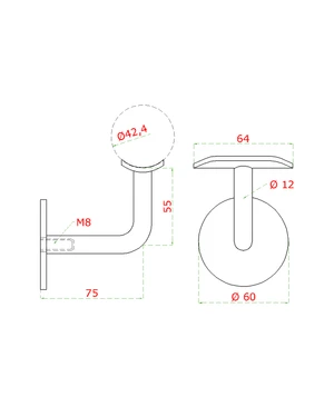 držiak madla na stenu na trubku ø 42.4mm bez dier, zadný vnútorný závit M8, brúsená nerez K320 /AISI316 - slide 1