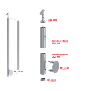 Nerezový sloup, boční kotvení, bez výplně, 5 řadový se závitem M6, vnitřní, vrch nastavitelný, (ø 42.4x2mm), broušená nerez K320 /AISI304 - slide 1