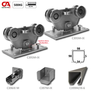 MEDIO-Klasik nerezový samonosný systém 98x98x5mm pre posuvné brány do 500kg/8,5m otvor (C399M-IX 1x6m nerezový profil, C395M/IX 2ks, C397M-IX 1ks, C396M-IX 1 ks), nerez AISI304 bez povrch. úpravy - slide 0