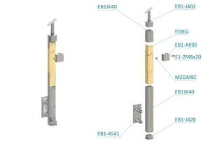dřevěný sloup, boční kotvení, výplň: sklo, levý, vrch nastavitelný (40x40mm), materiál: buk, broušený povrch s nátěrem BORI (bezbarvý) - slide 1